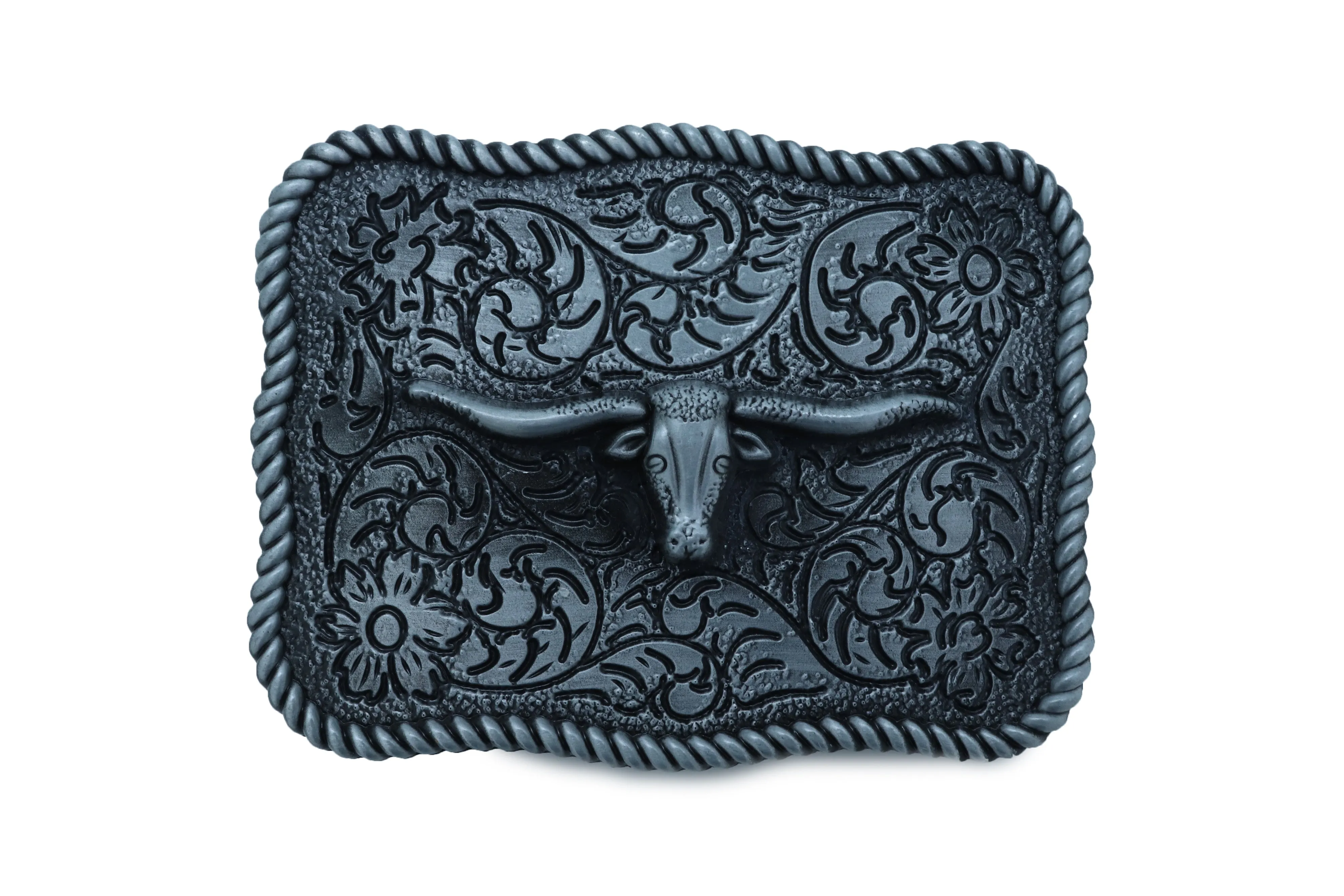 Texas Longhorn Filigree Background Silver Metal Belt Buckle