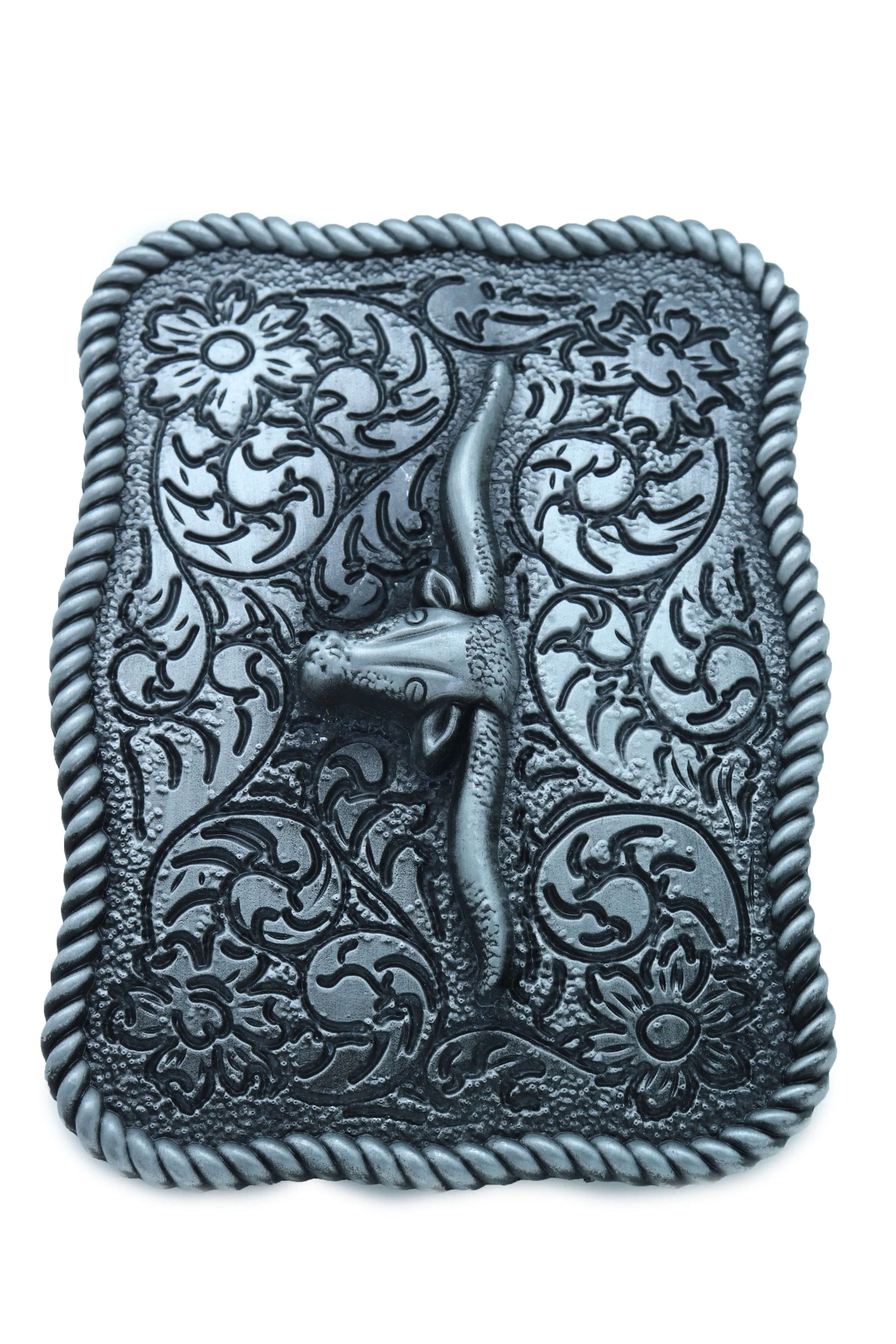 Texas Longhorn Filigree Background Silver Metal Belt Buckle