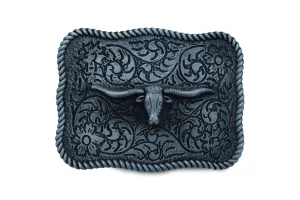 Texas Longhorn Filigree Background Silver Metal Belt Buckle