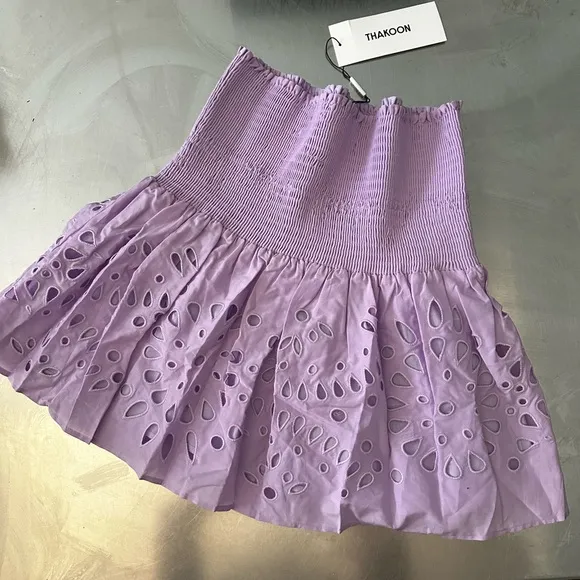 Thakoon lined eyelet smocked mini skirt, lilac, size 4
