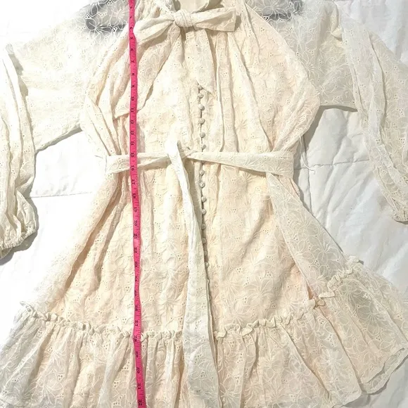 The Sang Cream Boho Western Long Sleeve Ruffle Hem Mini Dress SZ L  EUC