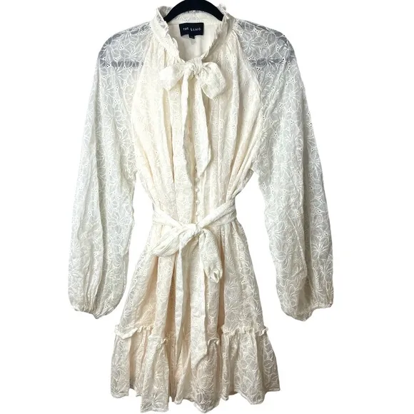 The Sang Cream Boho Western Long Sleeve Ruffle Hem Mini Dress SZ L  EUC