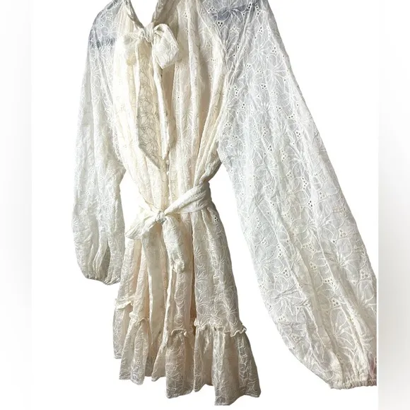 The Sang Cream Boho Western Long Sleeve Ruffle Hem Mini Dress SZ L  EUC