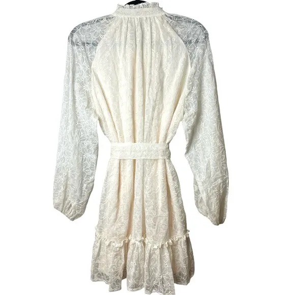 The Sang Cream Boho Western Long Sleeve Ruffle Hem Mini Dress SZ L  EUC