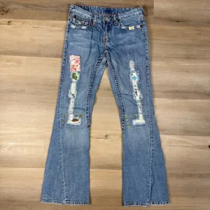 True Religion Distressed &amp; Patched Low Rise Flare Jeans, Size 27