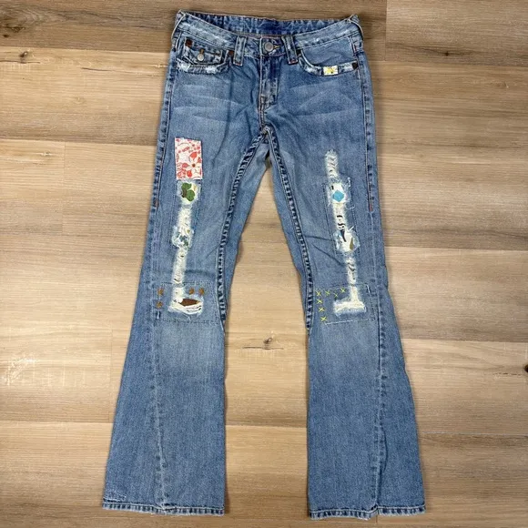 True Religion Distressed &amp; Patched Low Rise Flare Jeans, Size 27