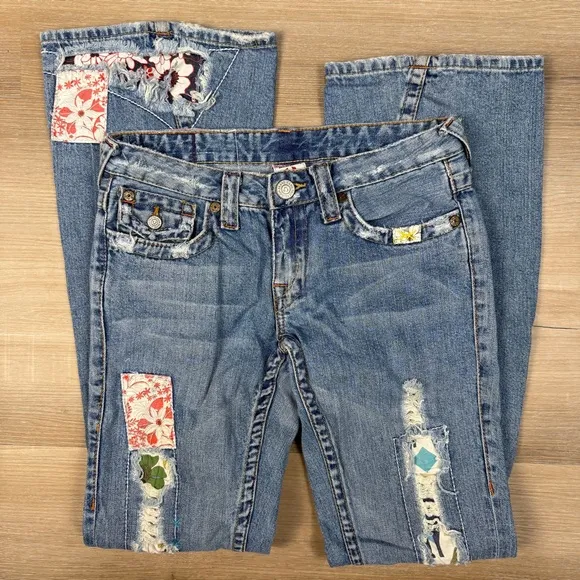 True Religion Distressed &amp; Patched Low Rise Flare Jeans, Size 27