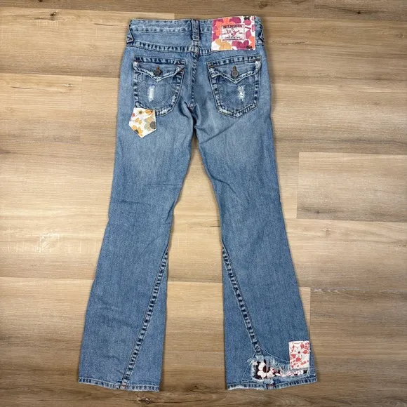 True Religion Distressed &amp; Patched Low Rise Flare Jeans, Size 27