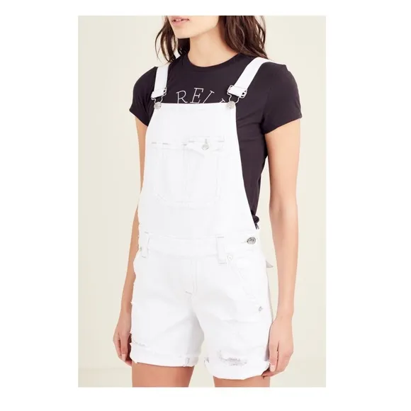 TRUE RELIGION Ripped Frayed Hem Jean Denim Overalls