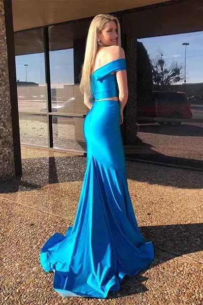 Two Piece Mermaid Off-the-Shoulder Royal Blue Long Prom Dress D024