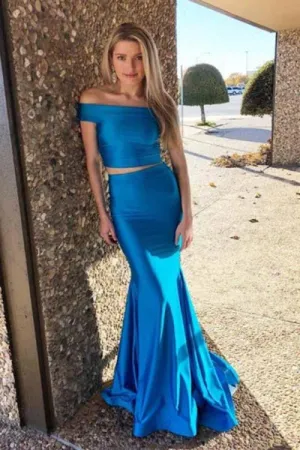 Two Piece Mermaid Off-the-Shoulder Royal Blue Long Prom Dress D024