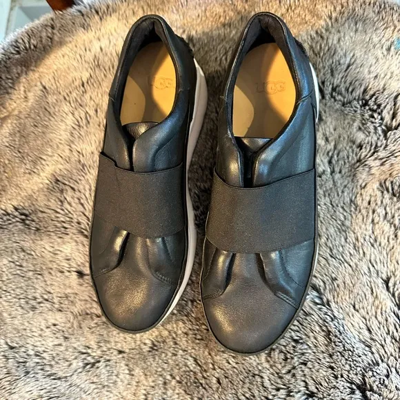 UGG Liba Black Leather Slip On Sneakers, Size 8