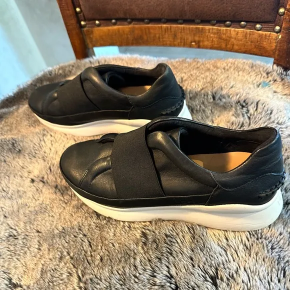 UGG Liba Black Leather Slip On Sneakers, Size 8