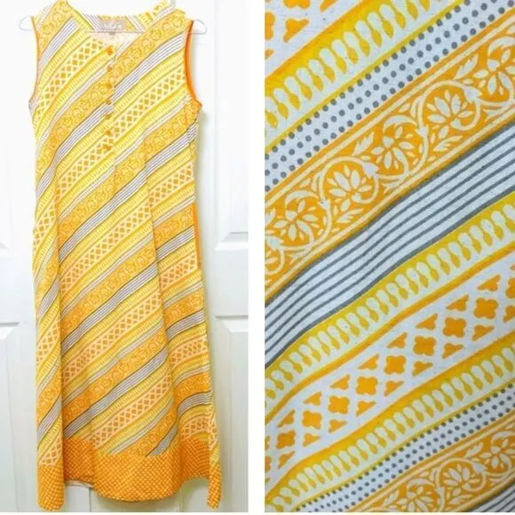 Utsa Yellow and Orange Sleeveless Cotton Striped Midi Dress Size Small