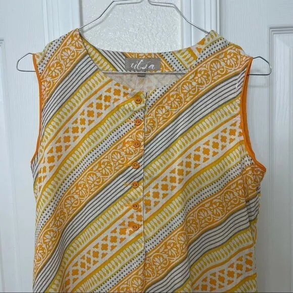 Utsa Yellow and Orange Sleeveless Cotton Striped Midi Dress Size Small