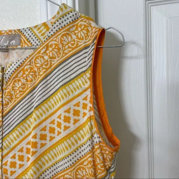 Utsa Yellow and Orange Sleeveless Cotton Striped Midi Dress Size Small