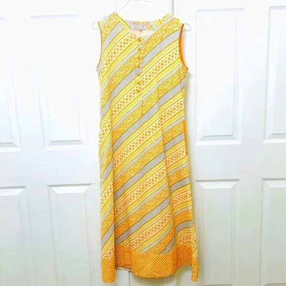 Utsa Yellow and Orange Sleeveless Cotton Striped Midi Dress Size Small