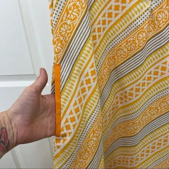 Utsa Yellow and Orange Sleeveless Cotton Striped Midi Dress Size Small