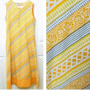 Utsa Yellow and Orange Sleeveless Cotton Striped Midi Dress Size Small