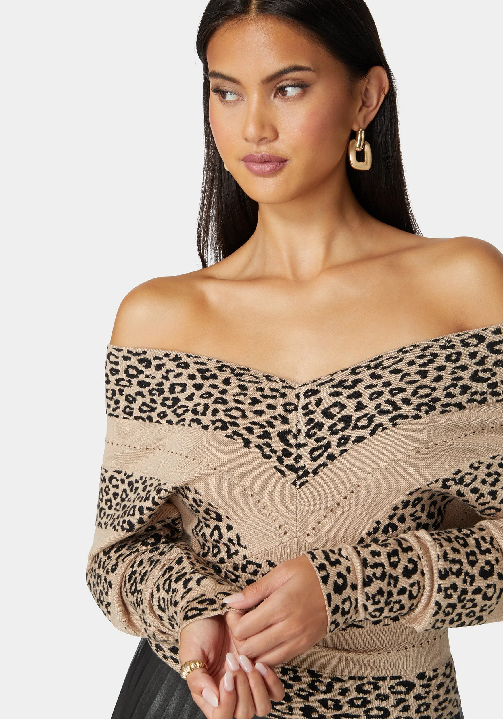 V Neck Dolman Sleeve Jacquard Knit Sweater