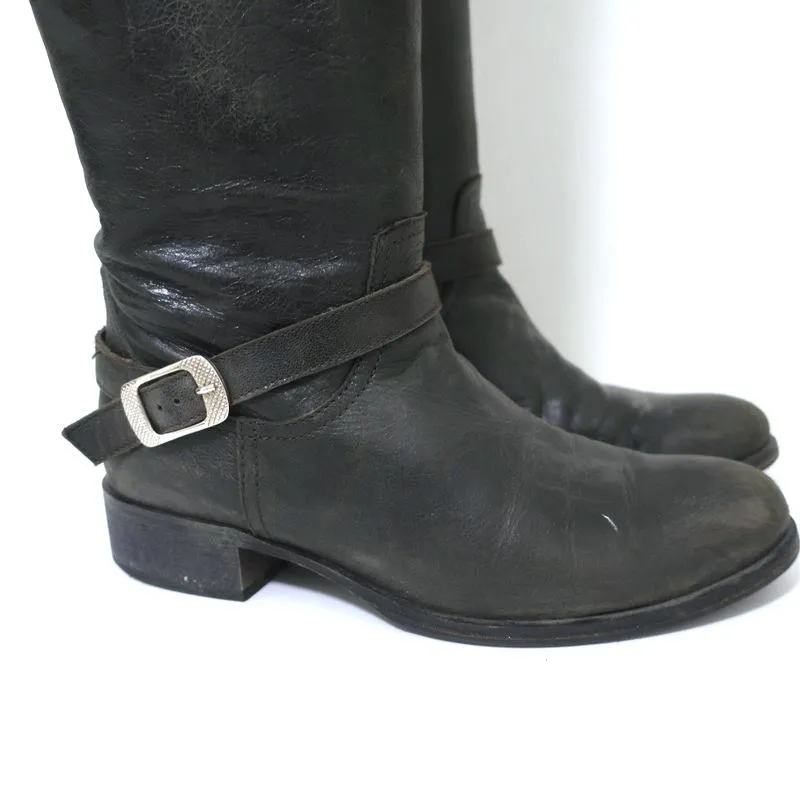 Via Roma 15 Knee High Buckle Strap Boots Charcoal Leather Size 37