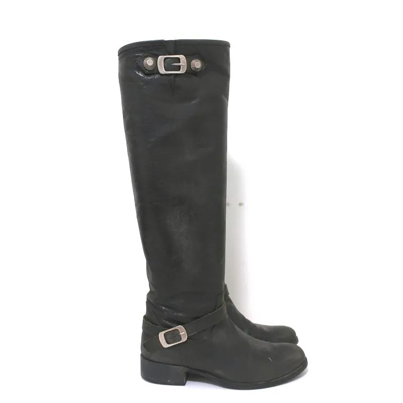 Via Roma 15 Knee High Buckle Strap Boots Charcoal Leather Size 37