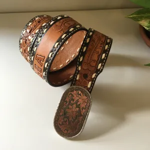 Vintage JUSTIN tooled top grain cowhide leather CECILIA belt etched buckle Unisex size 32