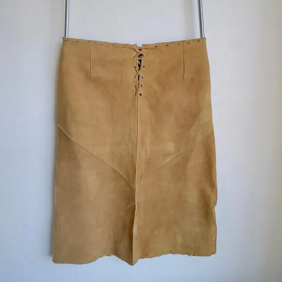 Vintage Suede Skirt Western Style Cowgirl Whipstitch Lace Up Front A-line Midi 8