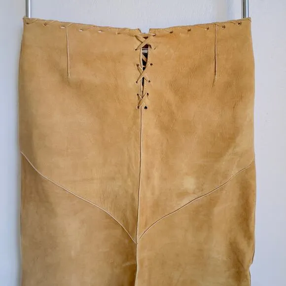 Vintage Suede Skirt Western Style Cowgirl Whipstitch Lace Up Front A-line Midi 8