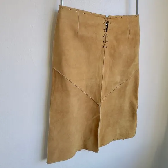 Vintage Suede Skirt Western Style Cowgirl Whipstitch Lace Up Front A-line Midi 8