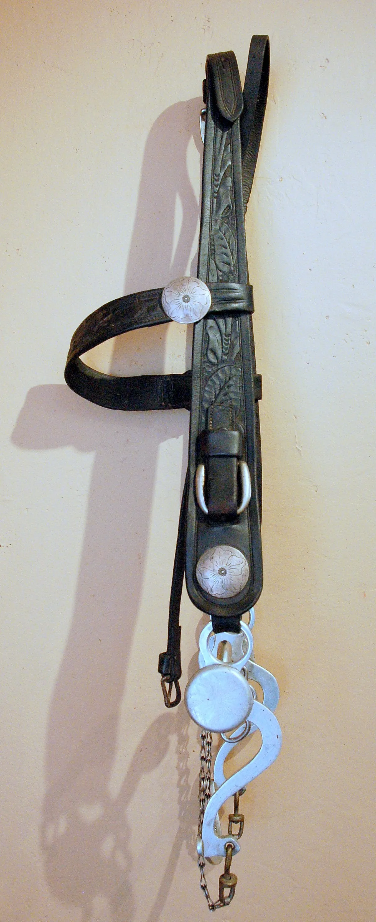 Vintage Tooled Headstall Bridle with Silver Conchos
