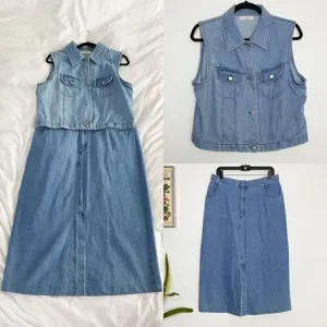 Vintage 90’s Lew Magram denim jean two piece midi skirt set XL
