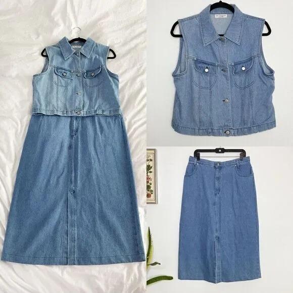 Vintage 90’s Lew Magram denim jean two piece midi skirt set XL