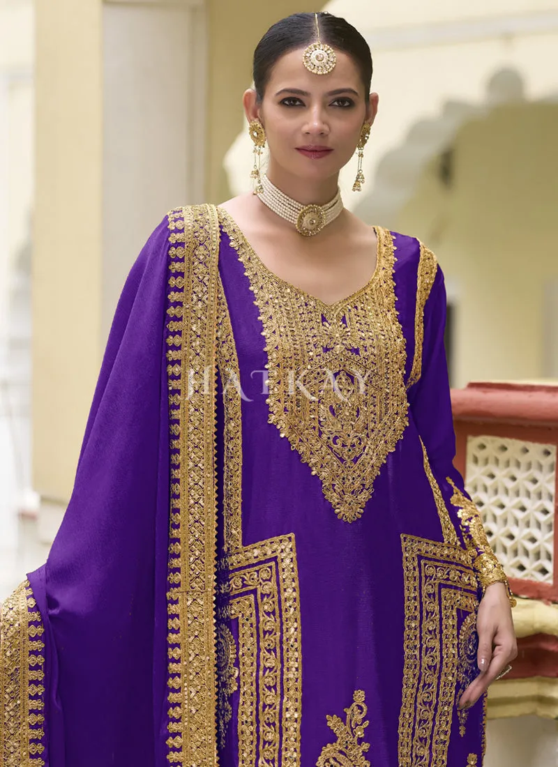 Violet Golden Embroidered Pakistani Palazzo Style Suit