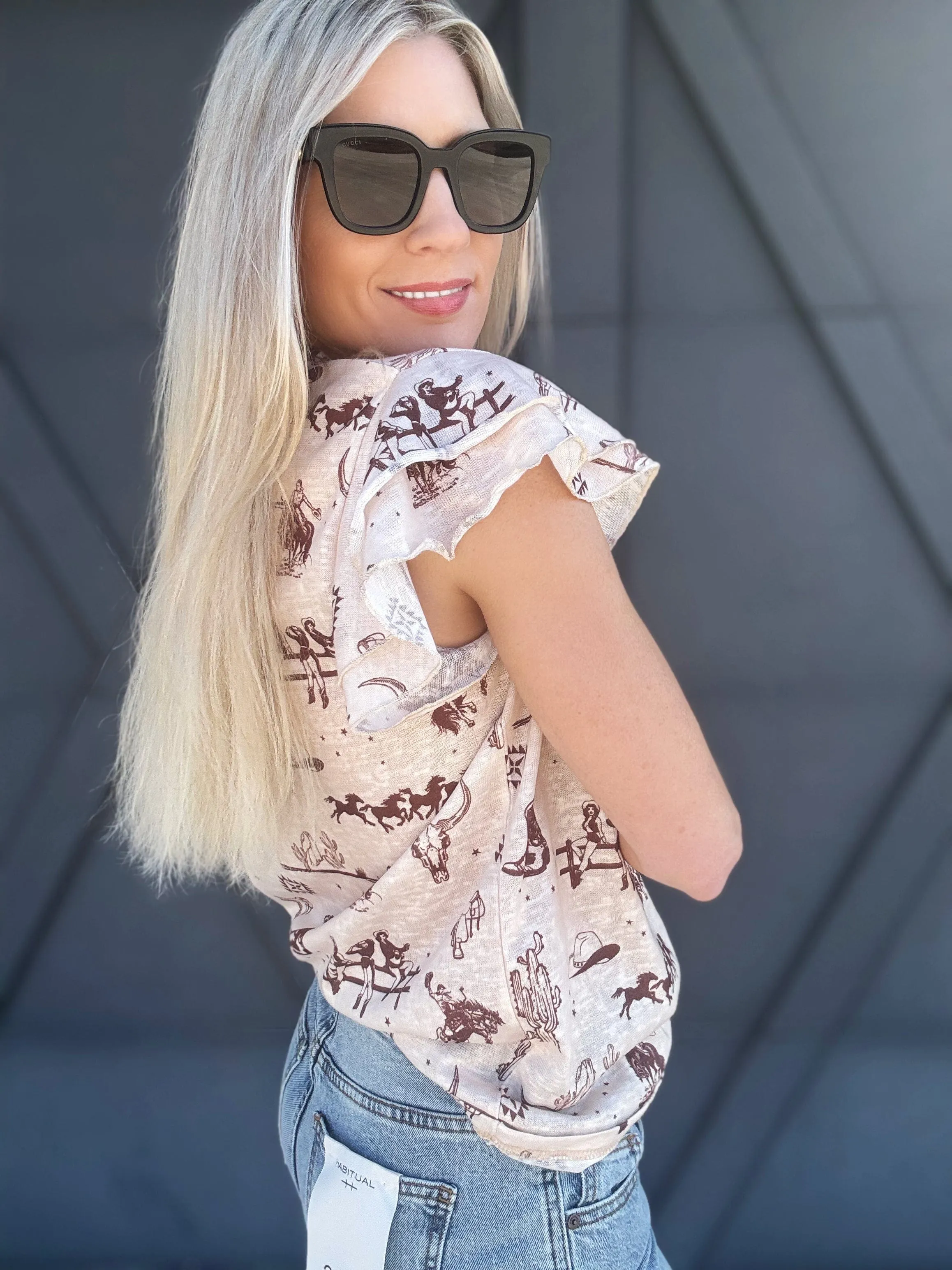Western Darlin Ruffle Top In Beige