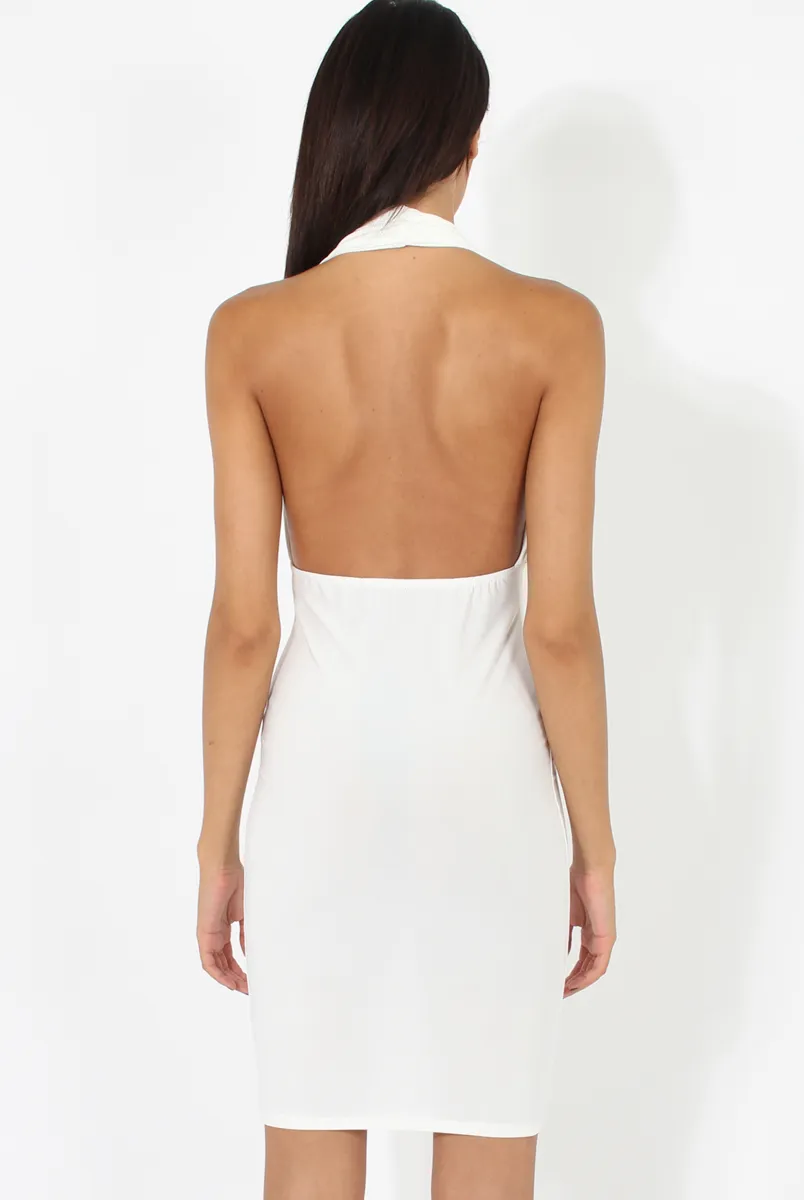 White Halterneck Open Back Bodycon Dress - Eliza