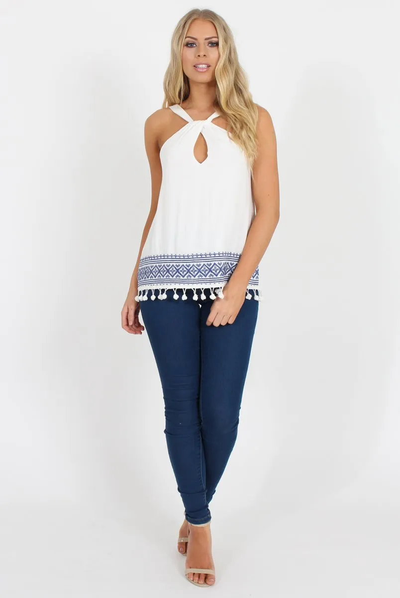White Key Hole Pom Pom Top - Selena