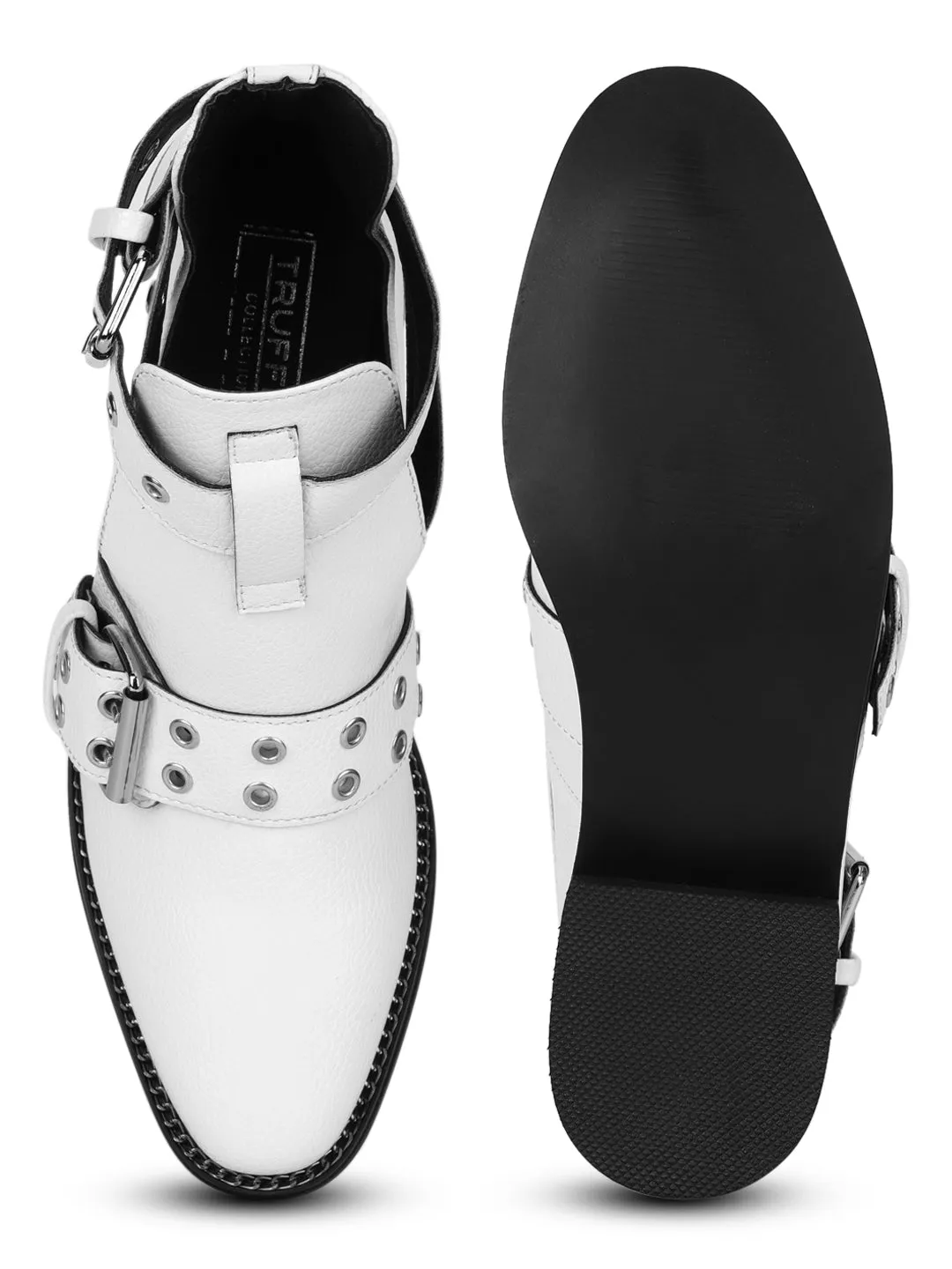 White PU Rivet Buckle Flat Ankle Boots