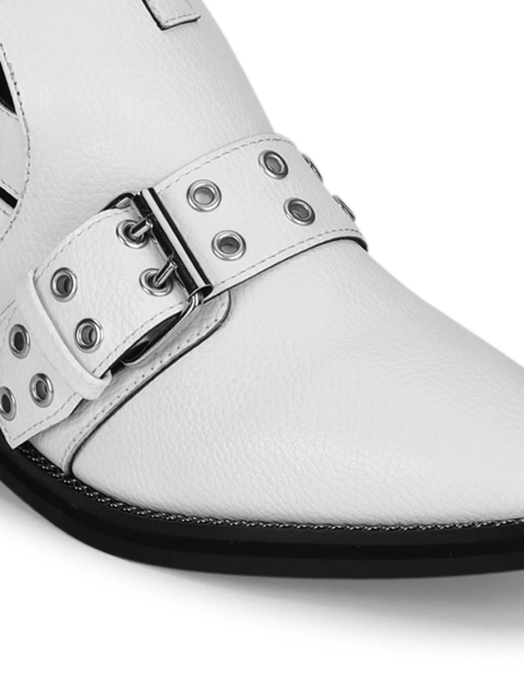 White PU Rivet Buckle Flat Ankle Boots