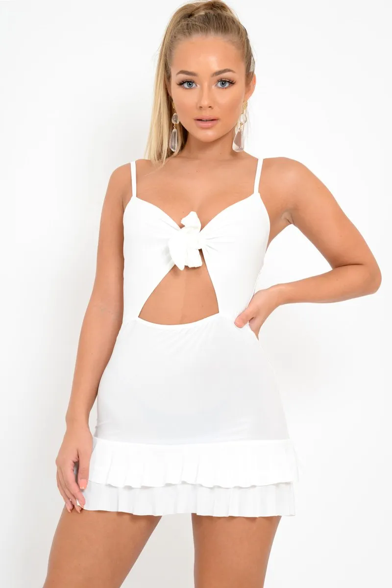 White Slinky Tie Front Ruffle Dress - Keli