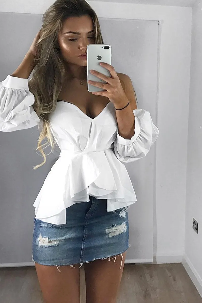 White Sweet Heart Bardot Top with Ruched Sleeves - Kinza