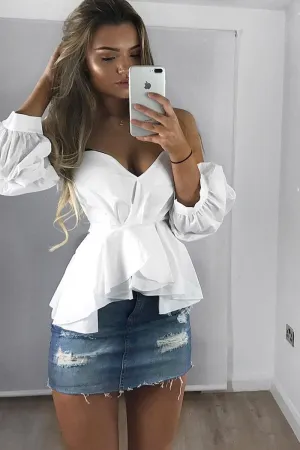 White Sweet Heart Bardot Top with Ruched Sleeves - Kinza
