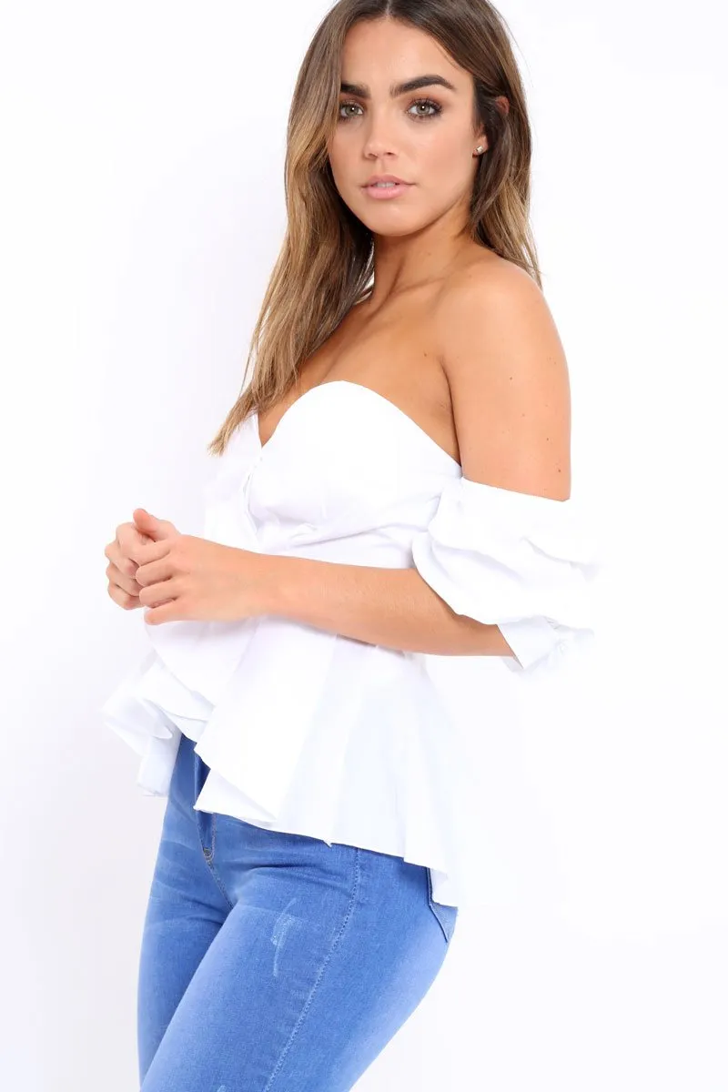 White Sweet Heart Bardot Top with Ruched Sleeves - Kinza