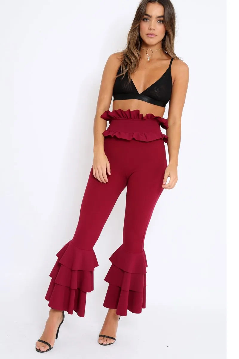 Wine Frill Hem Triple Tiered Frill Hem Trousers - Karla