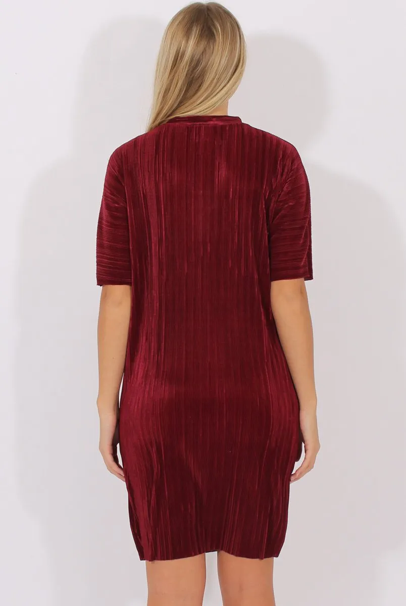 Wine Metallic Pleated Short Sleeve Midi Dress - Kitty