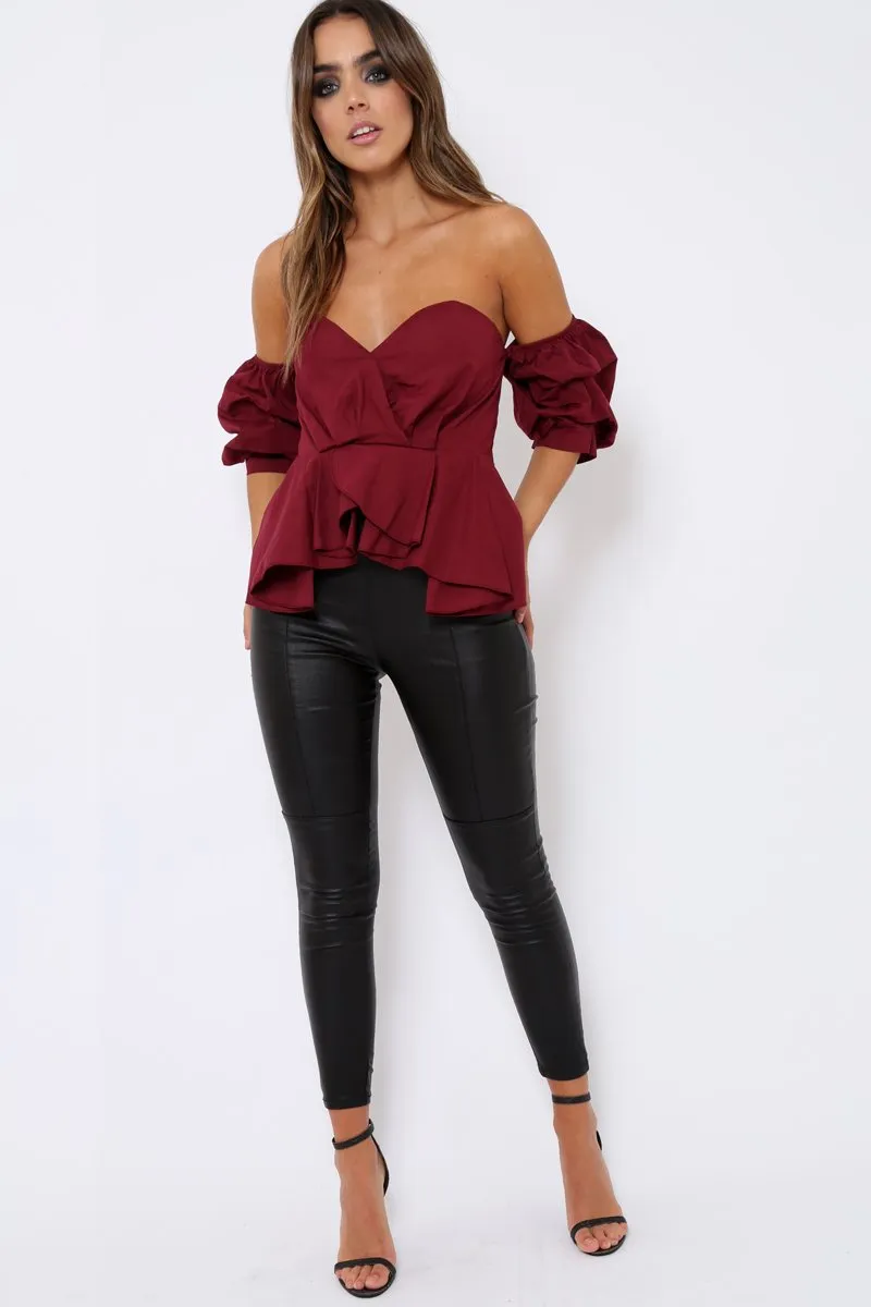 Wine Sweet Heart Bardot Top with Ruched Sleeves - Kinza