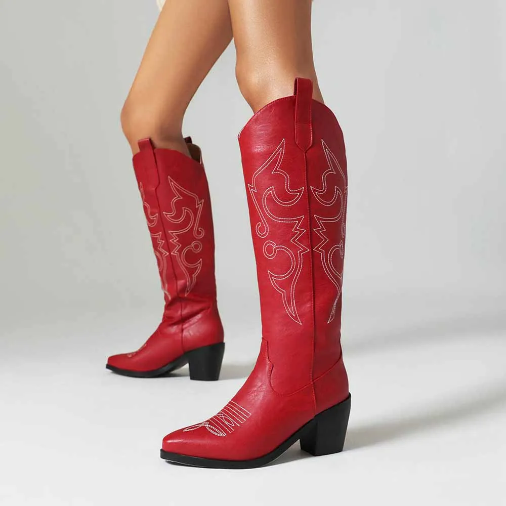Women Knee High Western Boots Cowgirl Boots with Classic Embroidery