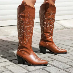 Women Knee High Western Boots Cowgirl Boots with Classic Embroidery