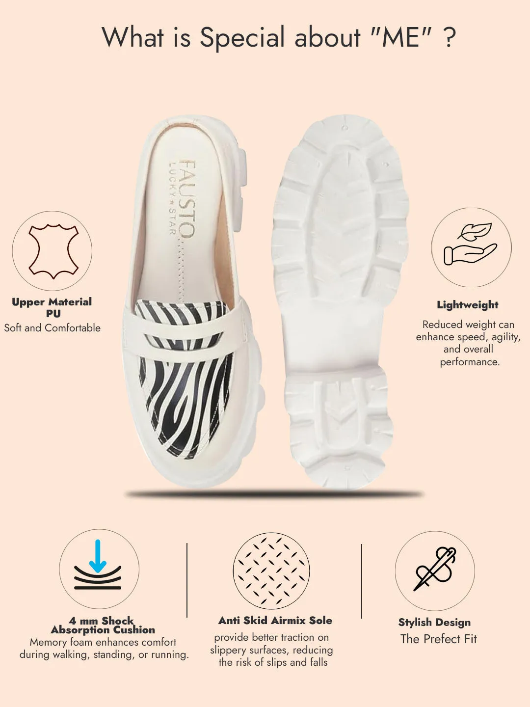 Women White Stiched Zebra Striped Print Back Open Party Slip On Casual Shoes