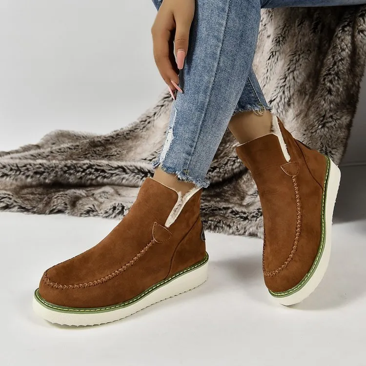 Women's Faux Fur Lined Ankle Booties Moccasin Style with Leather Stitching